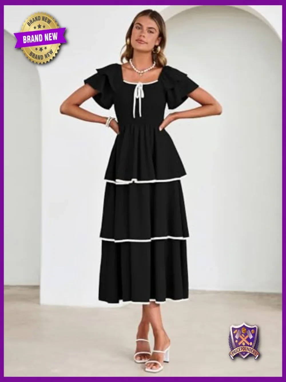 Smocked Tiered Midi Dress Square Neck Ruffle Short Sleeve Boho Flowy Guest - Picture 4 of 7